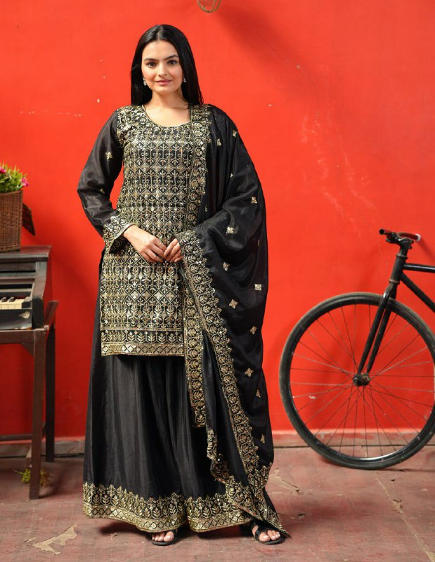 Prazu Fashion Black Chinon Silk Embroidered Sharara Suit