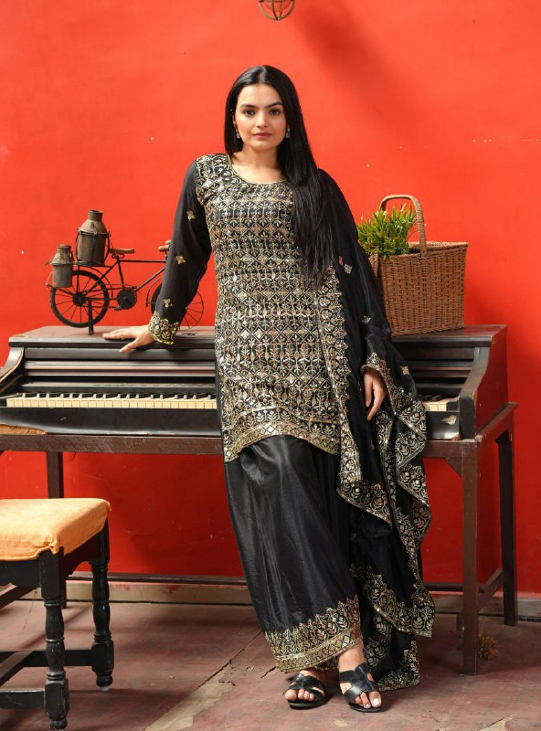 Prazu Fashion Black Chinon Silk Embroidered Sharara Suit