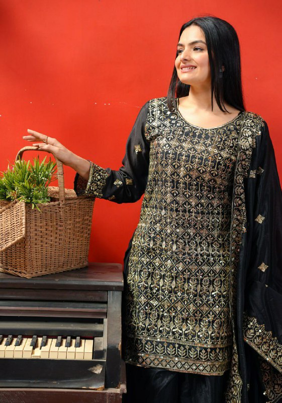 Prazu Fashion Black Chinon Silk Embroidered Sharara Suit