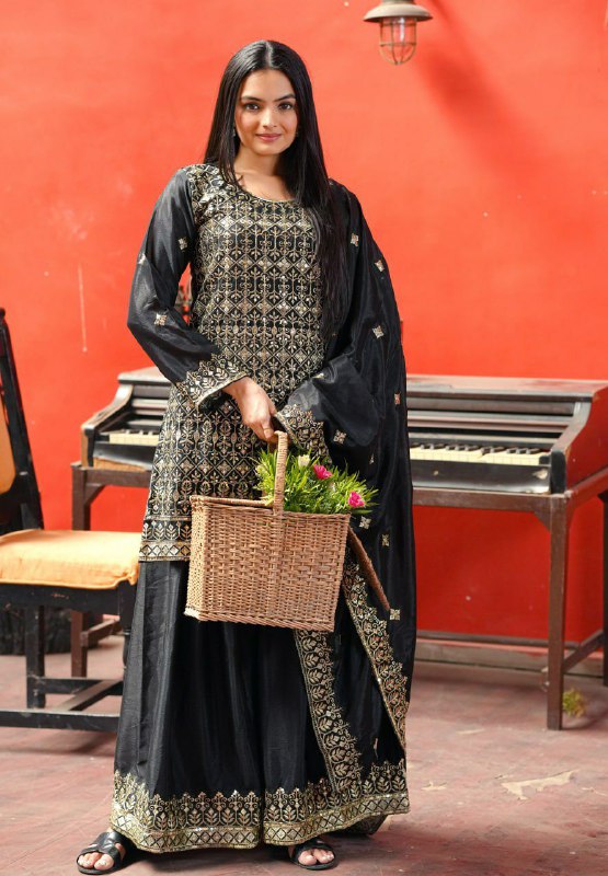 Prazu Fashion Black Chinon Silk Embroidered Sharara Suit