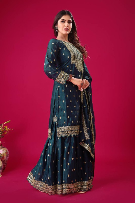 Prazu Fashion Blue Chinon Silk Embroidered Sharara Suit