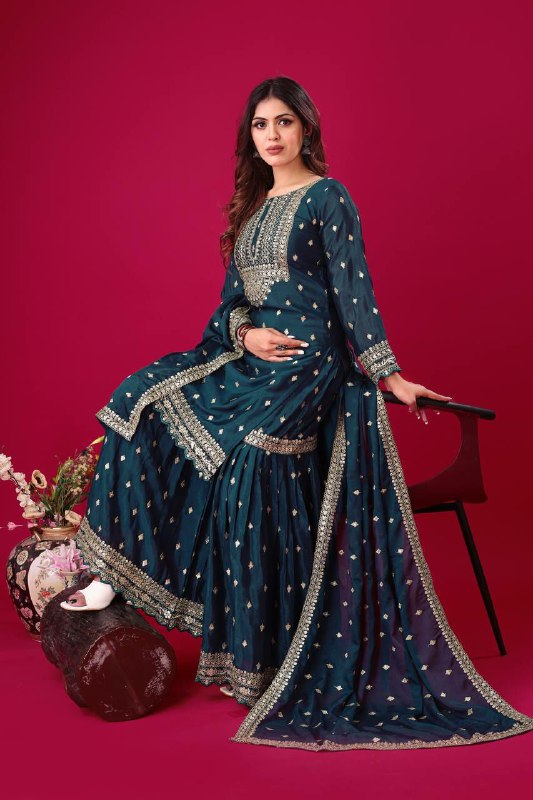 Prazu Fashion Blue Chinon Silk Embroidered Sharara Suit