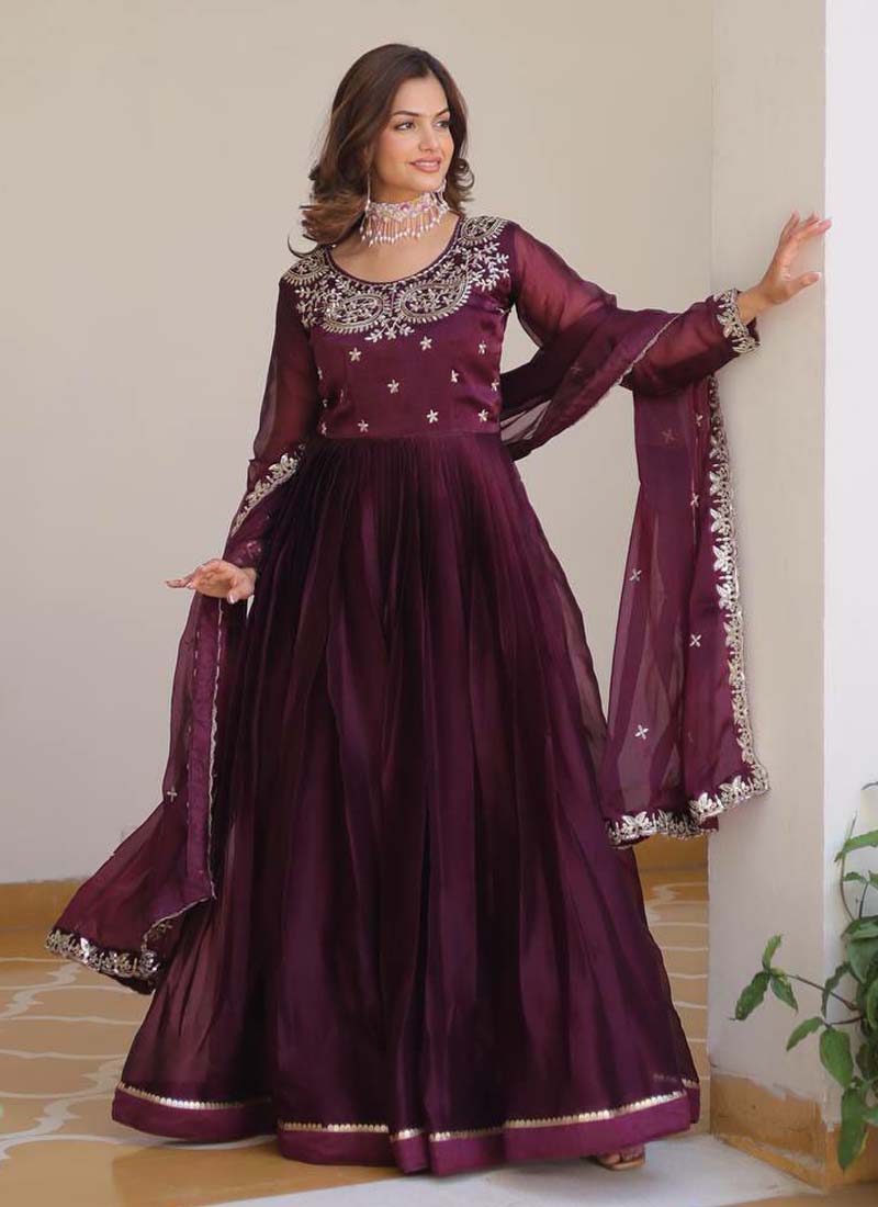 Prazu Fashion Violet Silk Embroidered Designer Gown