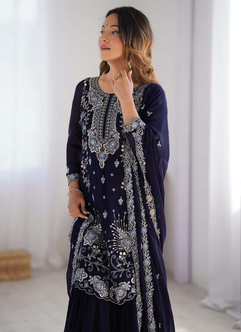 Prazu Fashion Blue Georgette Sequence Sharara Suit