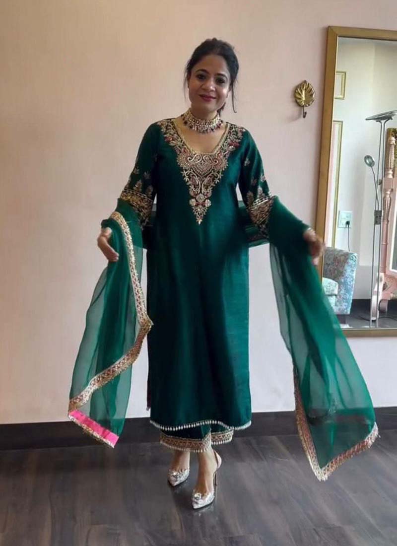 Prazu Fashion Green Vichitra Silk Embroidered Salwar Suit