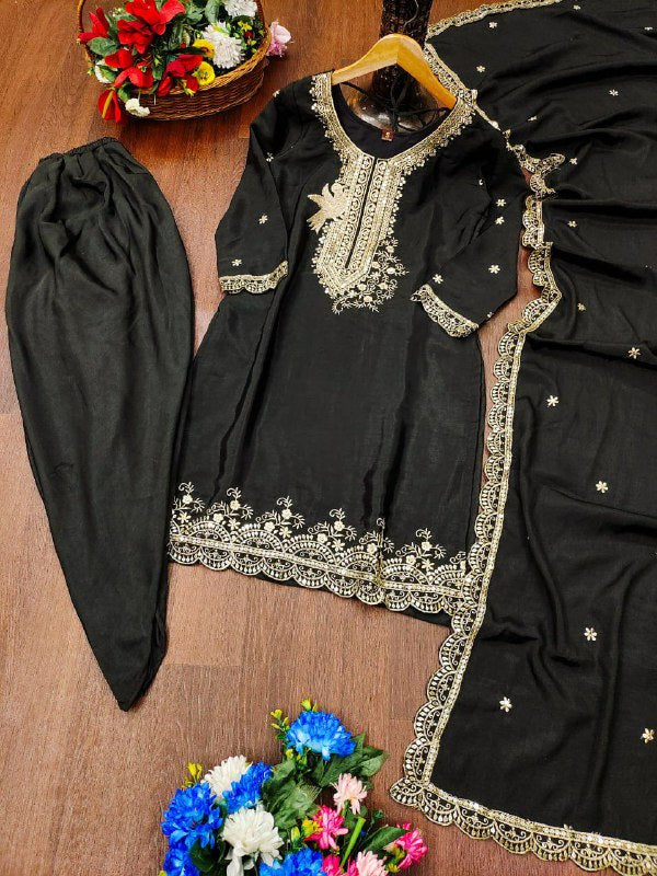 Prazu Fashion Black Chinon Silk Embroiderd Dhoti Suit