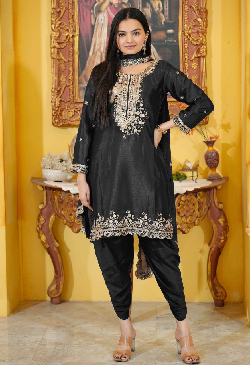 Prazu Fashion Black Chinon Silk Embroiderd Dhoti Suit