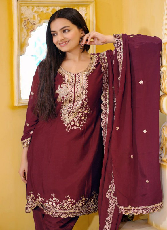 Prazu Fashion Maroon Chinon Silk Embroiderd Dhoti Suit