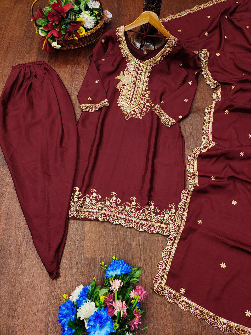 Prazu Fashion Maroon Chinon Silk Embroiderd Dhoti Suit