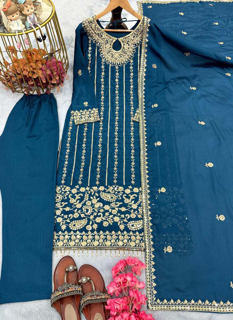 Prazu Fashion Firozi Chinon Silk Embroidered Salwar Suit