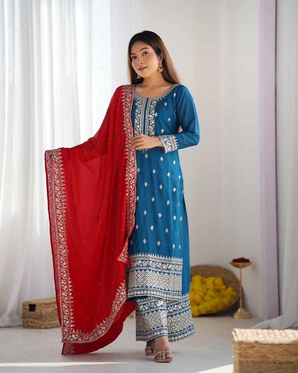 Prazu Fashion Firozi Chinon Silk Embroidered Salwar Suit