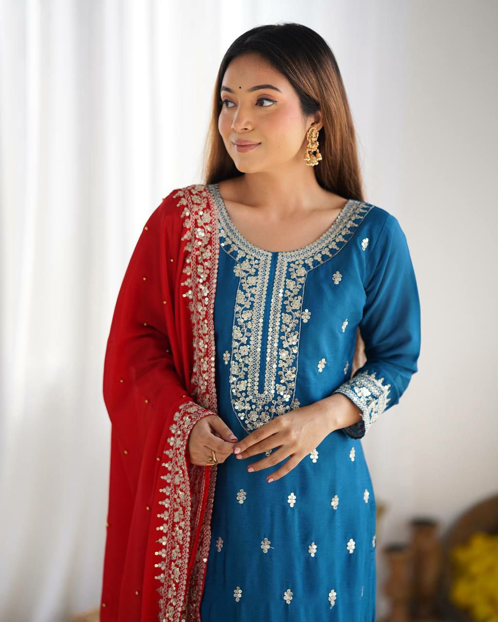 Prazu Fashion Firozi Chinon Silk Embroidered Salwar Suit