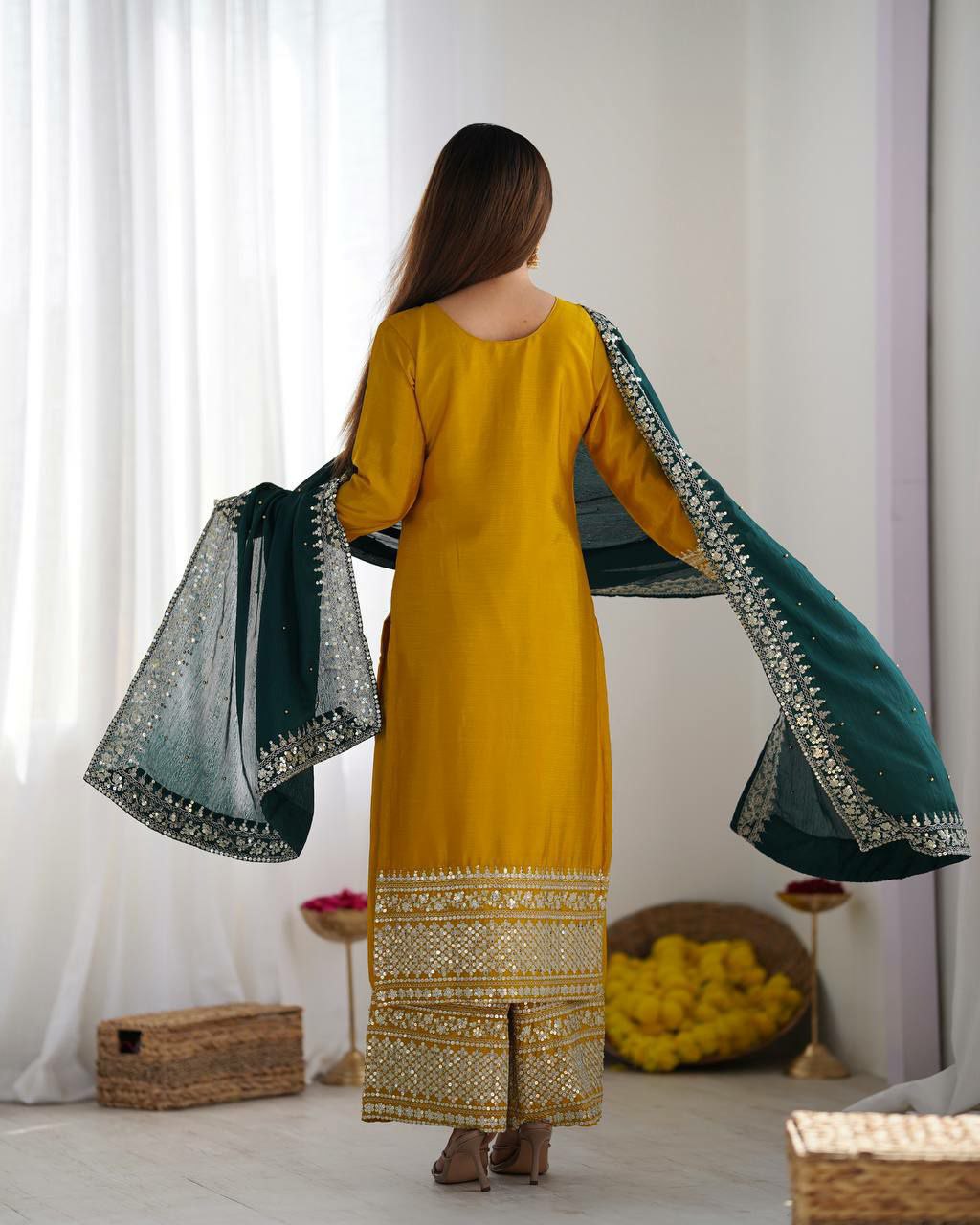 Prazu Fashion Yellow Chinon Silk Embroidered Salwar Suit