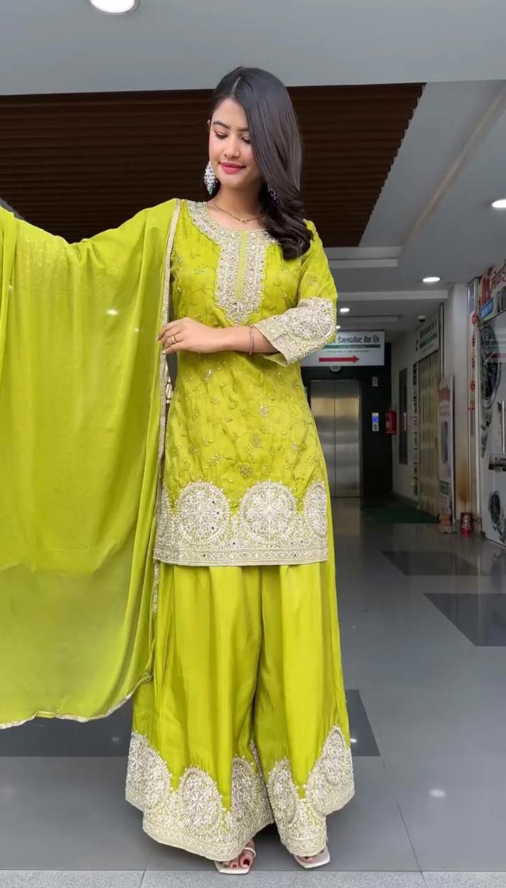 Prazu Fashion Lime Yellow Chinon Silk Embroidered Palazzo Suit