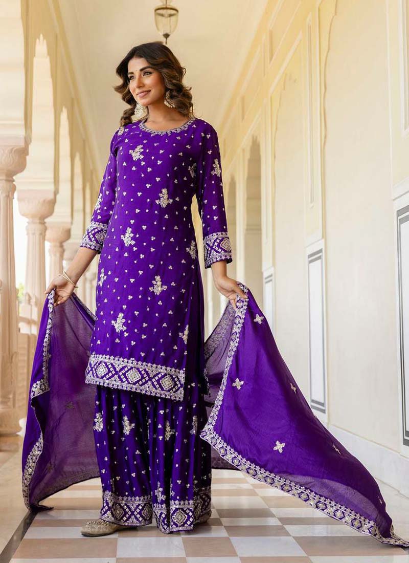 Prazu Fashion Violet Chinon Silk Sequence Sharara Suit