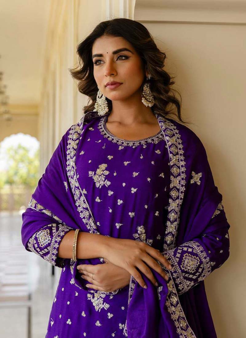 Prazu Fashion Violet Chinon Silk Sequence Sharara Suit