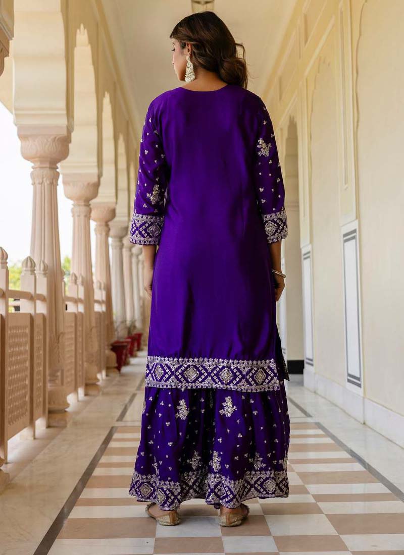 Prazu Fashion Violet Chinon Silk Sequence Sharara Suit