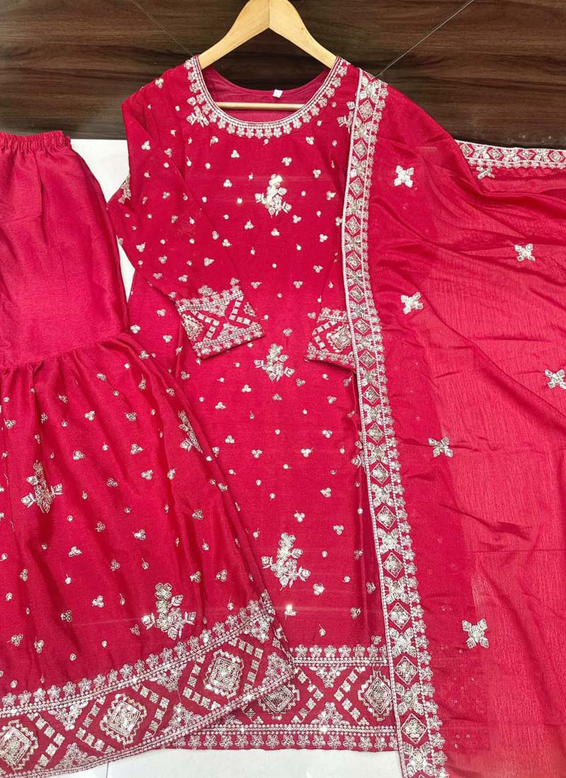 Prazu Fashion Red Chinon Silk Sequence Sharara Suit
