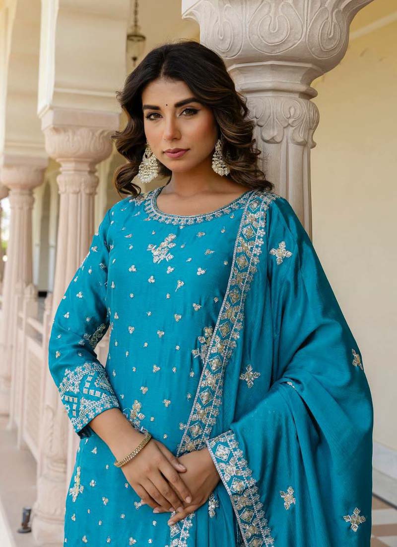 Prazu Fashion Teal Blue Chinon Silk Sequence Sharara Suit