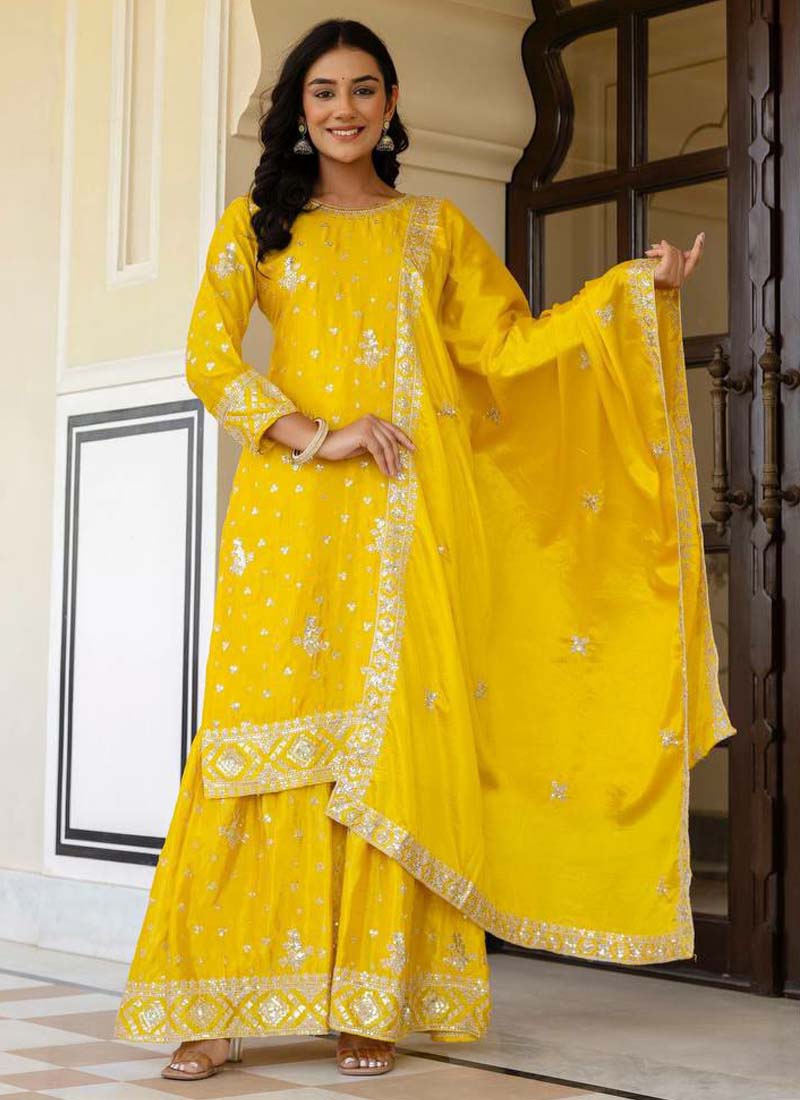 Prazu Fashion Yellow Chinon Silk Sequence Sharara Suit