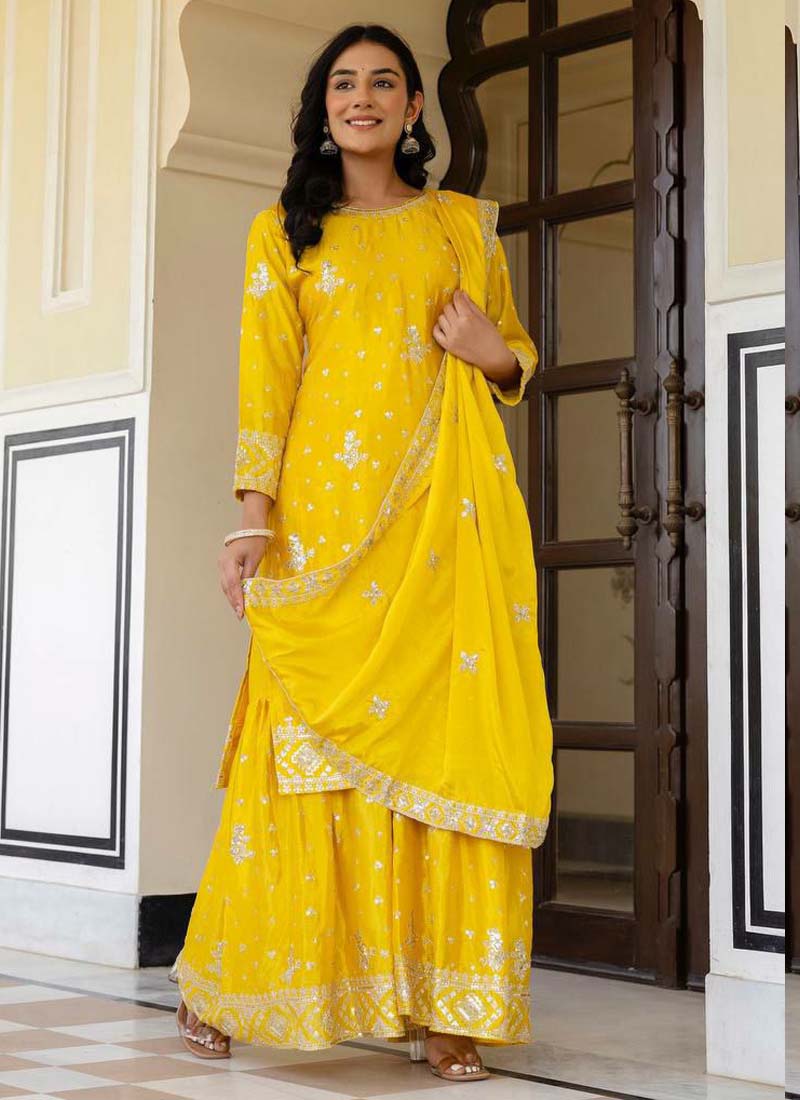 Prazu Fashion Yellow Chinon Silk Sequence Sharara Suit