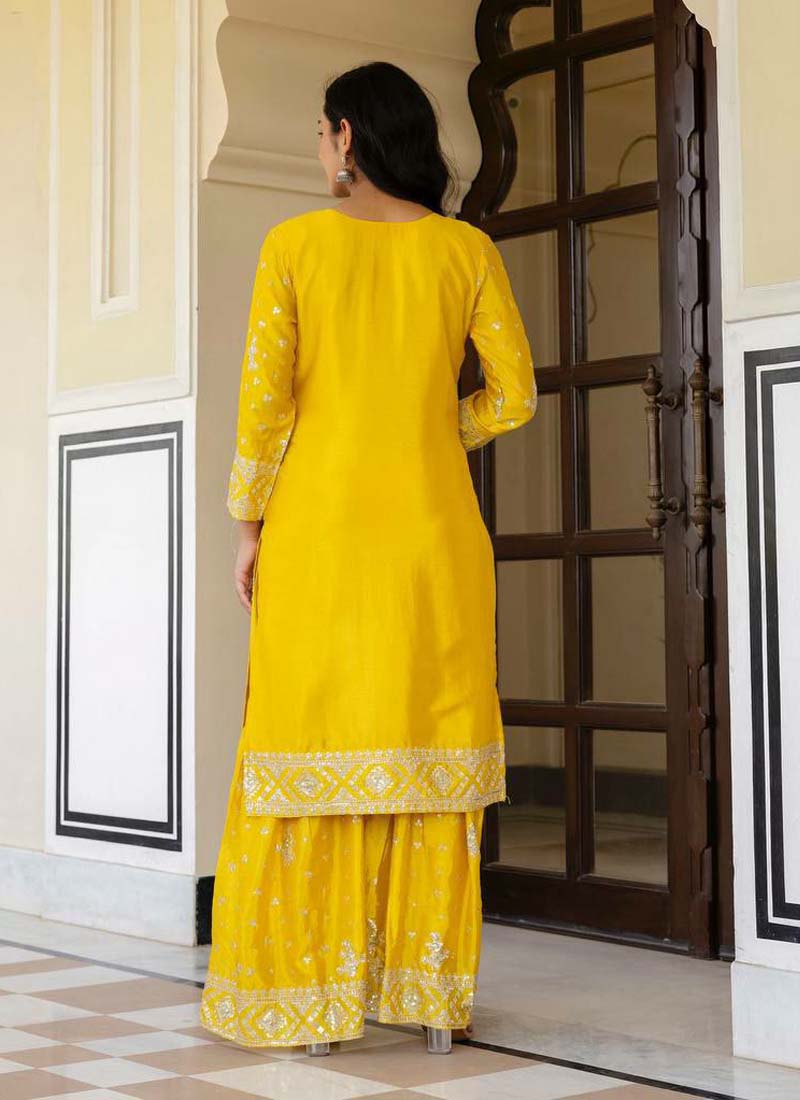 Prazu Fashion Yellow Chinon Silk Sequence Sharara Suit