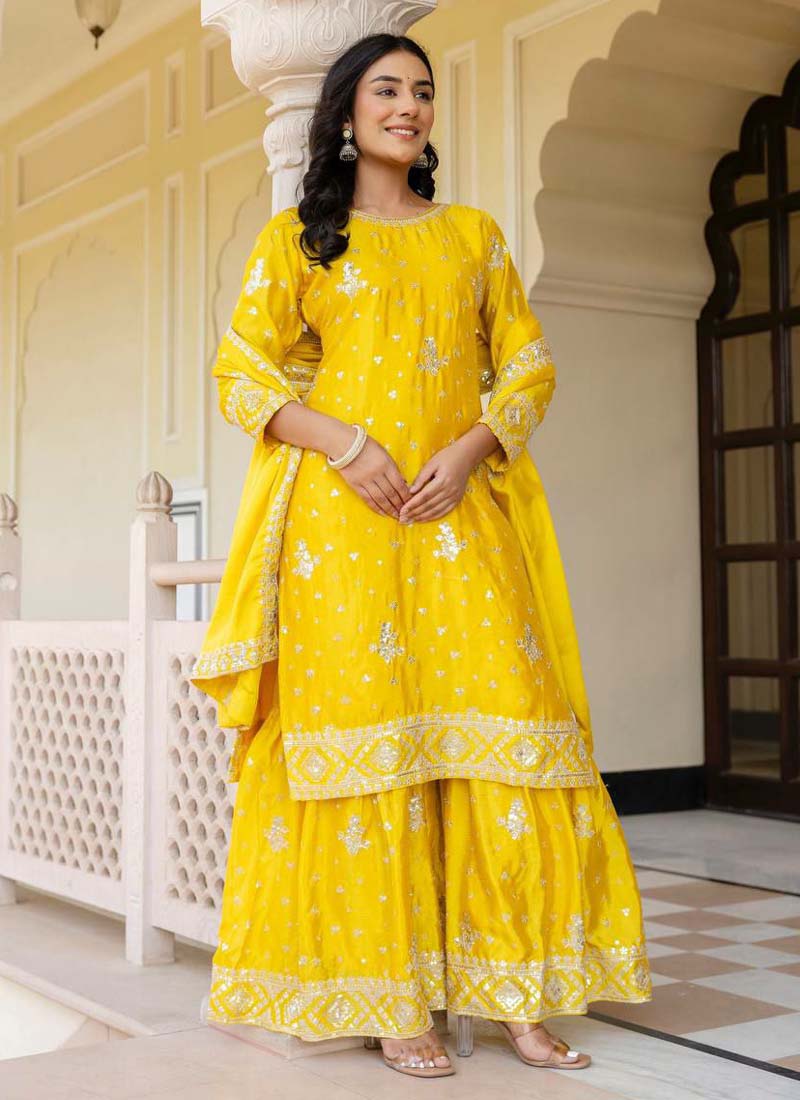 Prazu Fashion Yellow Chinon Silk Sequence Sharara Suit