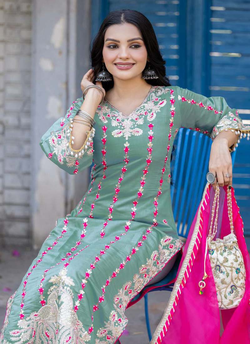 Prazu Fashion Sea Green Roman Silk Embroidered Salwar Suit