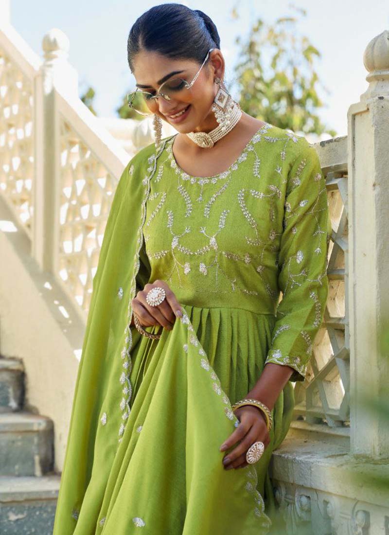 Prazu Fashion Parrot Green Chinon Silk Embroidered Nayra Cut Sharara Suit
