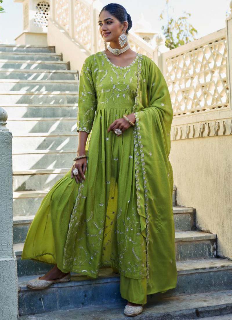 Prazu Fashion Parrot Green Chinon Silk Embroidered Nayra Cut Sharara Suit