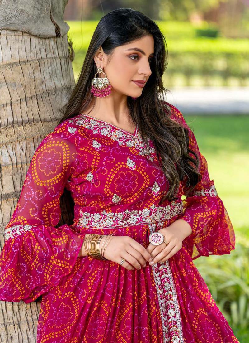 Prazu Fashion Red Pink Bandhej Embroidered Top With Lehenga