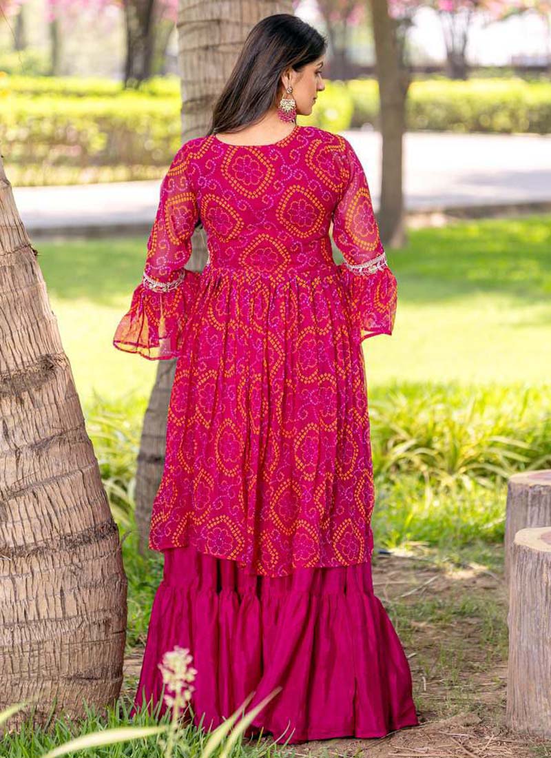 Prazu Fashion Red Pink Bandhej Embroidered Top With Lehenga