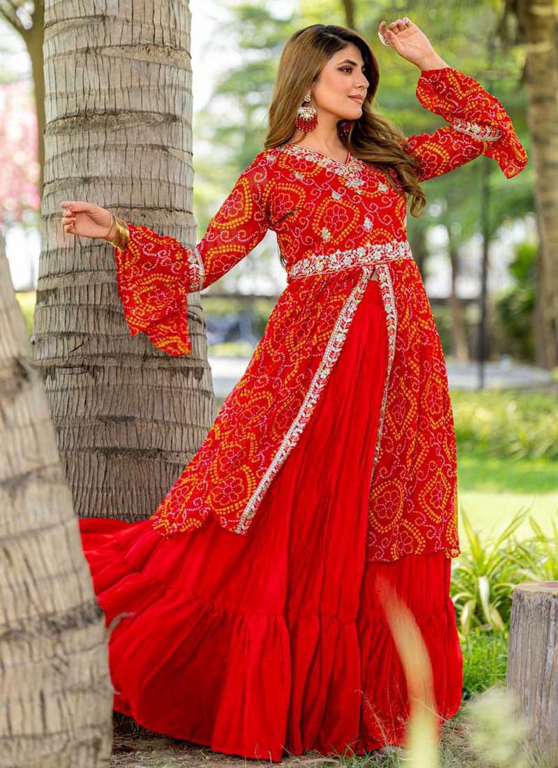 Prazu Fashion Red Pink Bandhej Embroidered Top With Lehenga