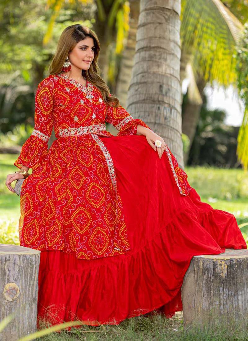 Prazu Fashion Red Pink Bandhej Embroidered Top With Lehenga