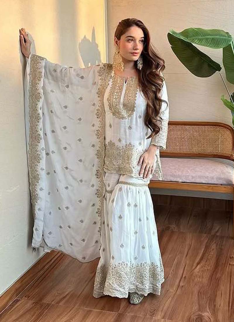 Prazu Fashion Off White Chinon Silk Embroidered Sharara Suit