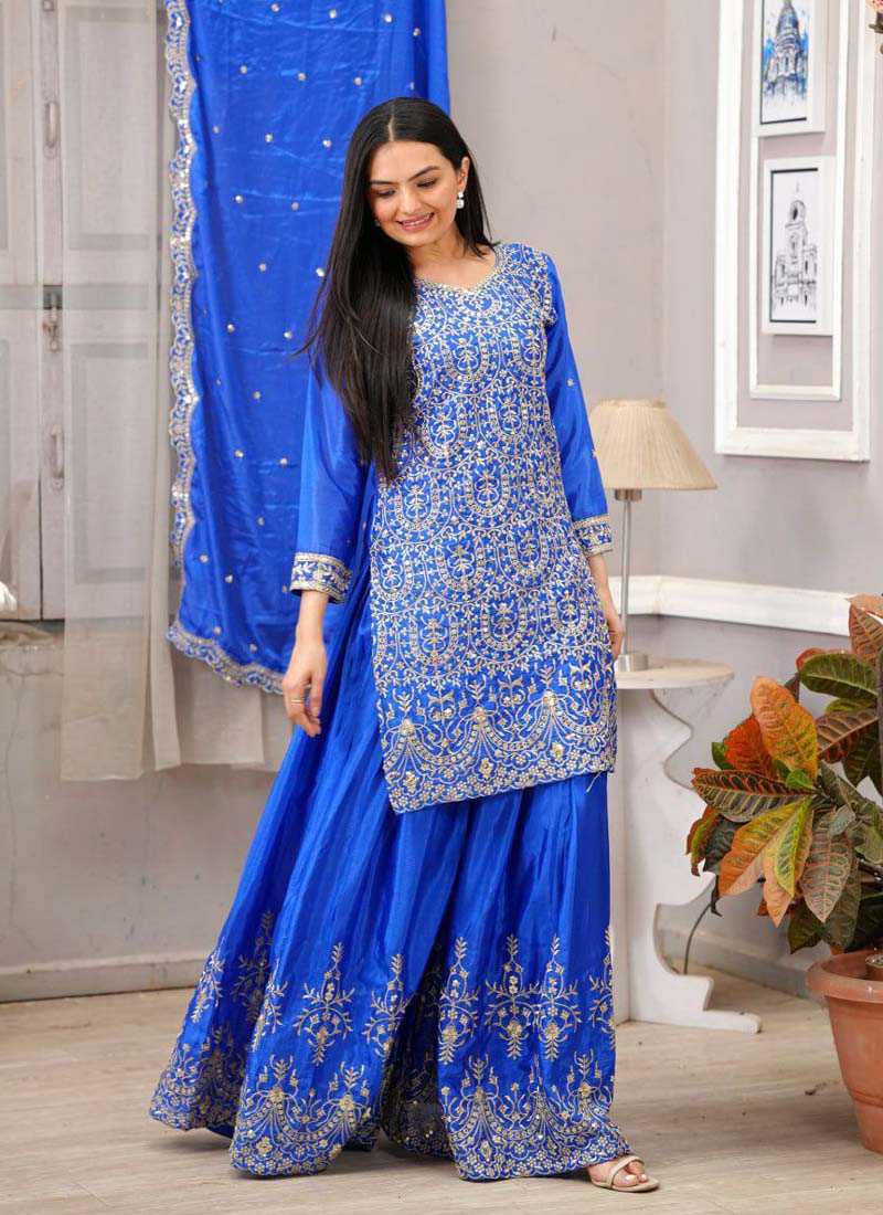 Prazu Fashion Royal Blue Chinon Silk Embroiederd Sharara Suit