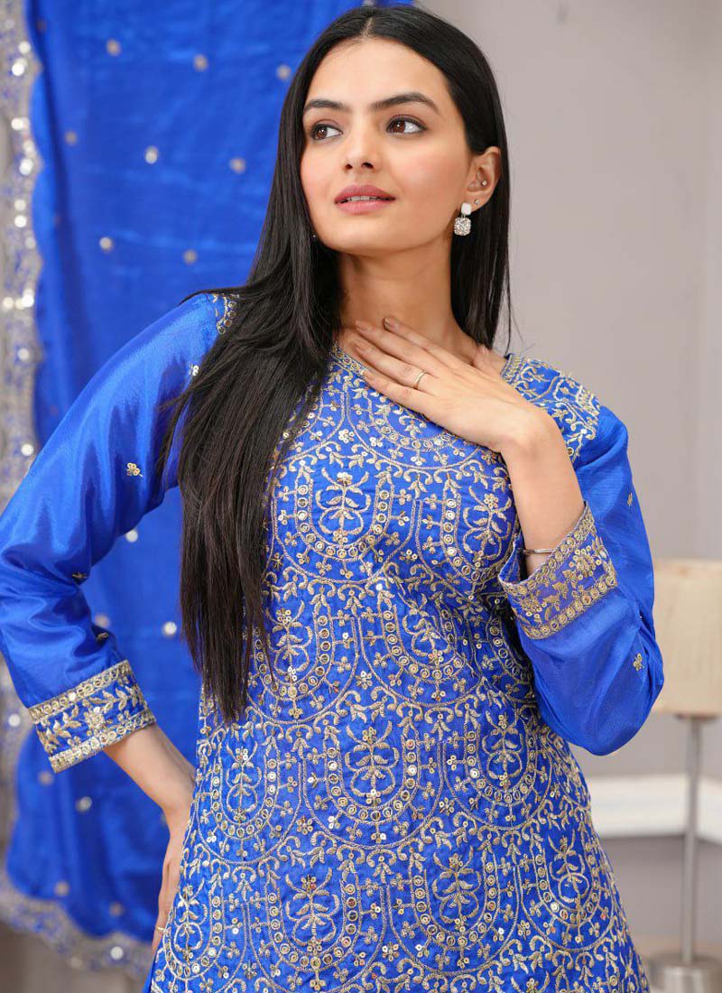 Prazu Fashion Royal Blue Chinon Silk Embroiederd Sharara Suit