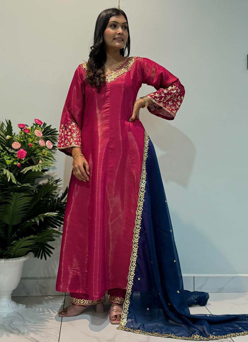 Prazu Fashion Rani Pink Roman Silk Embroidered Anarkali Suit