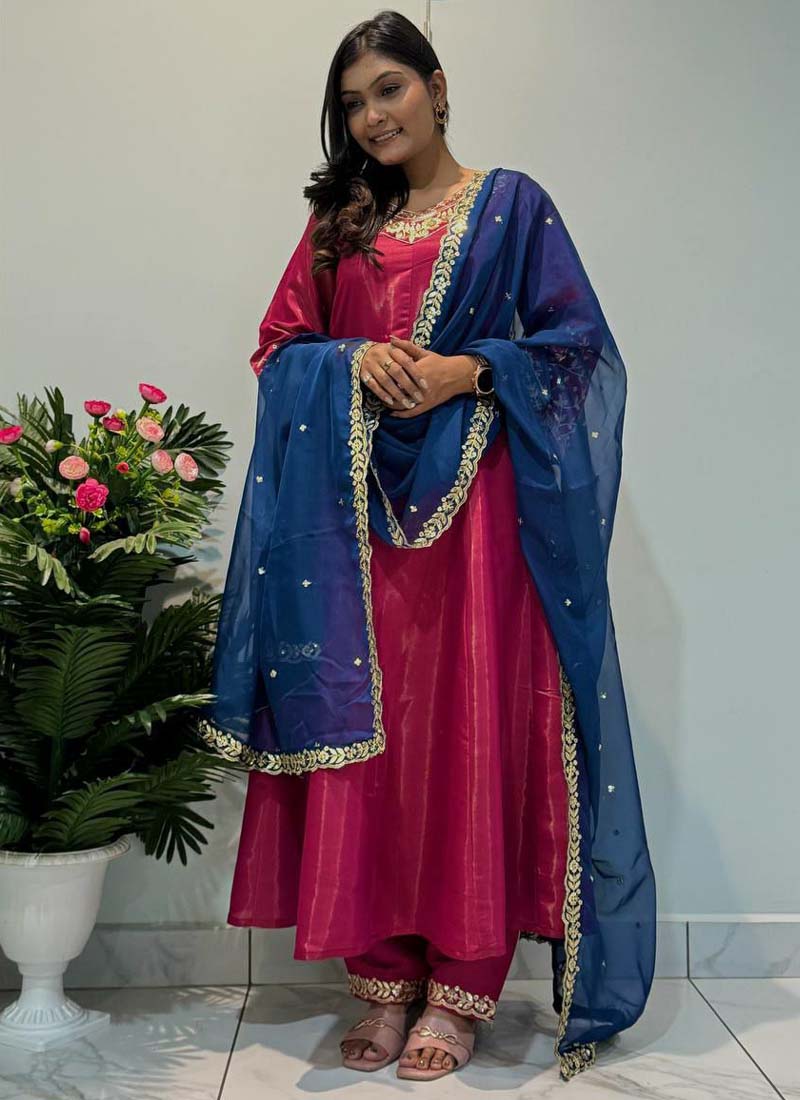 Prazu Fashion Rani Pink Roman Silk Embroidered Anarkali Suit