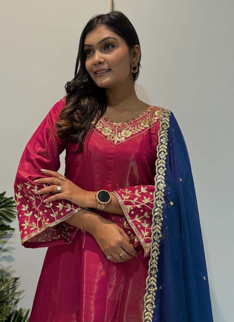 Prazu Fashion Rani Pink Roman Silk Embroidered Anarkali Suit