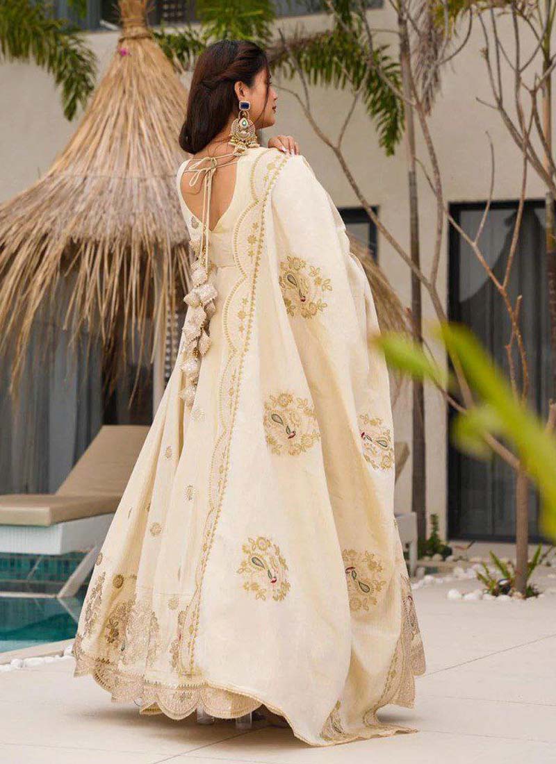 Prazu Fashion Off White Chinon Silk Sequence Anarkali Suit