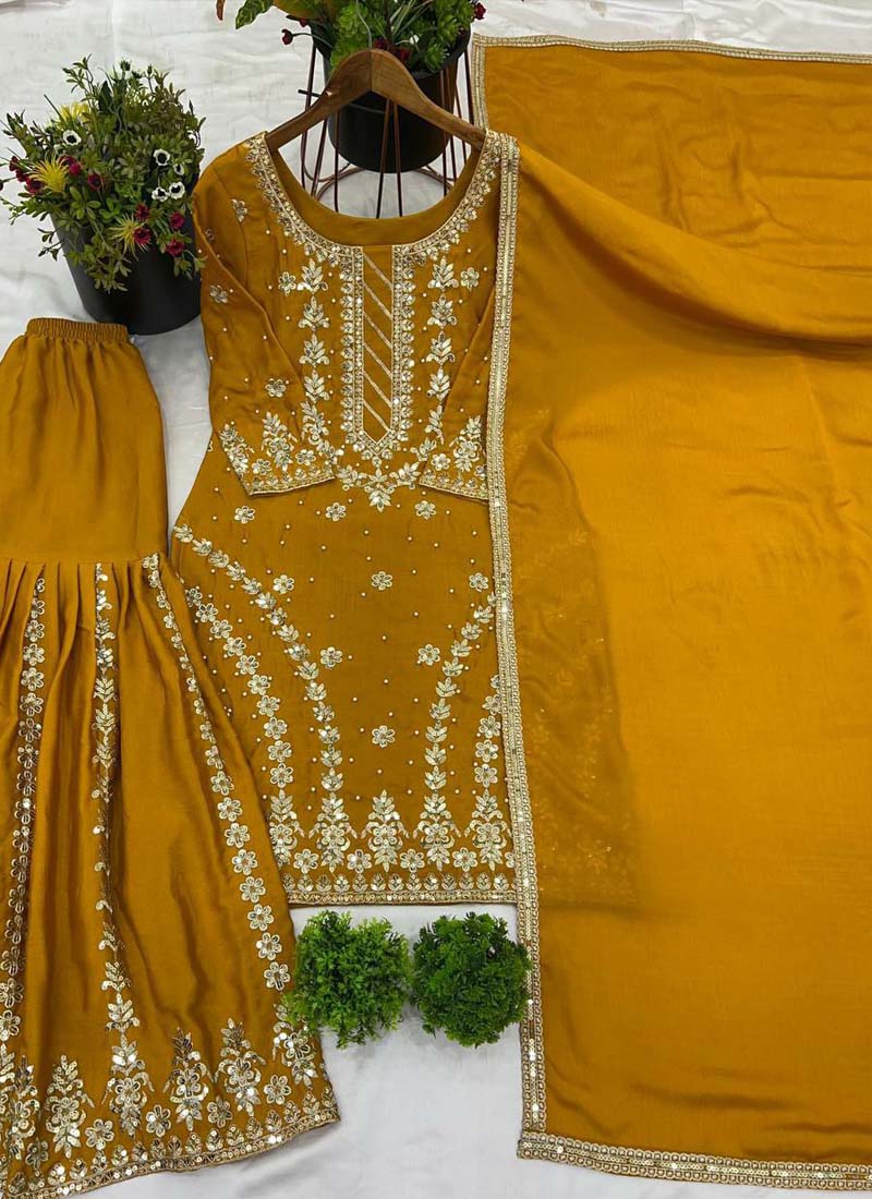 Prazu Fashion Yellow Georgette Embroidered Sharara Suit