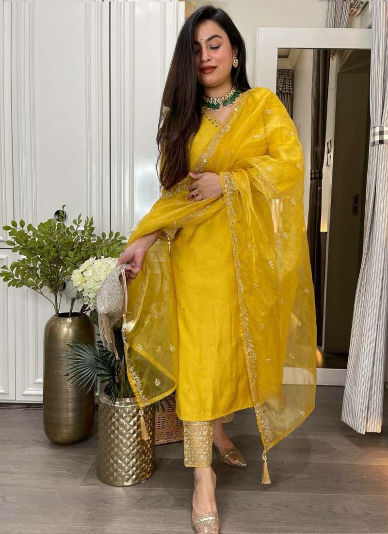 Prazu Fashion Yellow Roman Silk Embroidered Salwar Suit