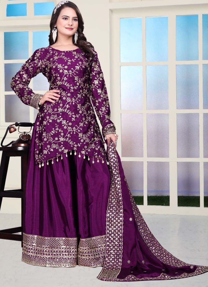 Prazu Fashion Violet Chinon Silk Embroidered Sharara Suit