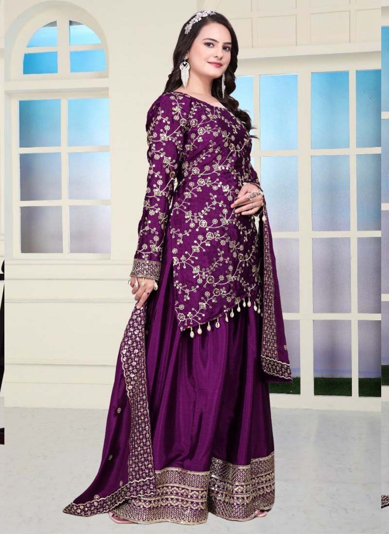 Prazu Fashion Violet Chinon Silk Embroidered Sharara Suit