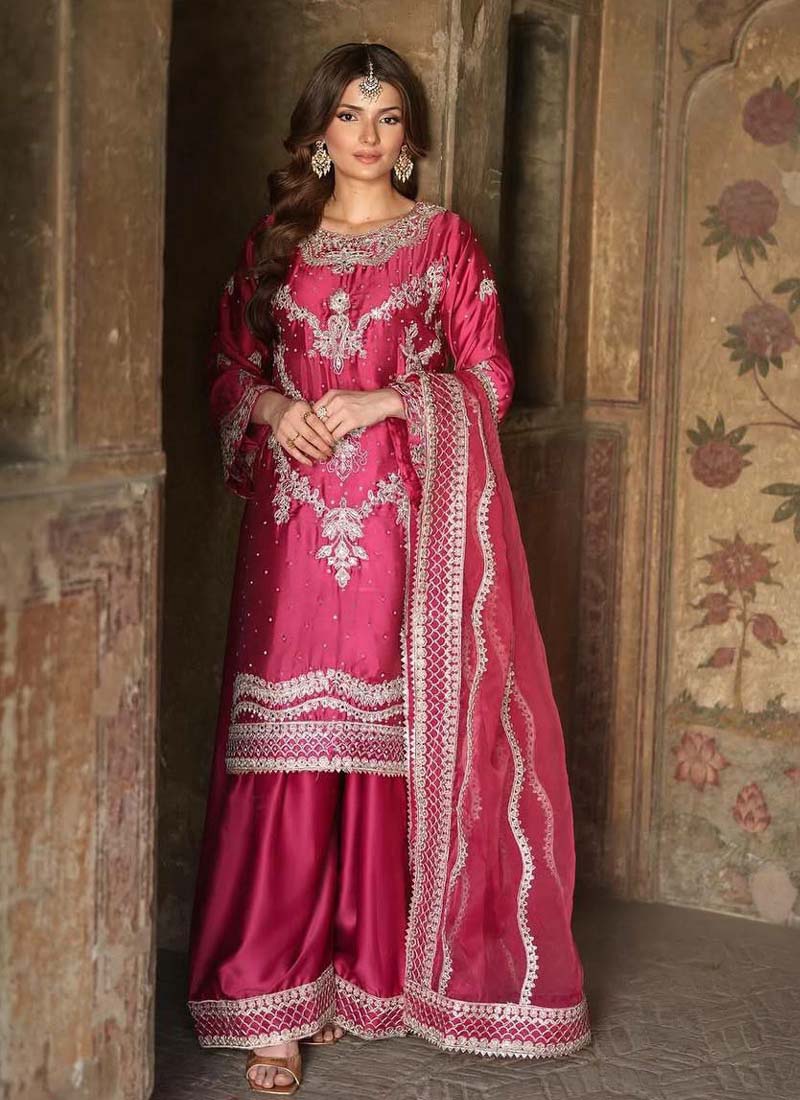 Prazu Fashion Pink Chinon Silk Embroidered Sharara Suit