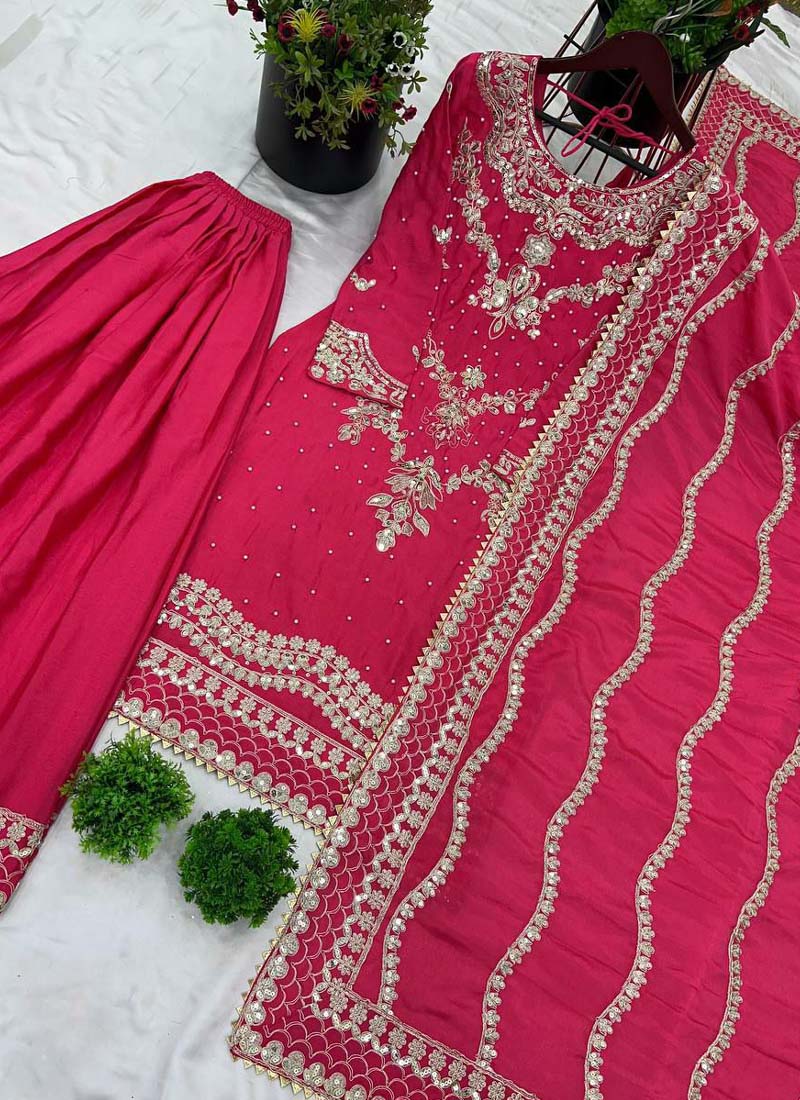 Prazu Fashion Pink Chinon Silk Embroidered Sharara Suit