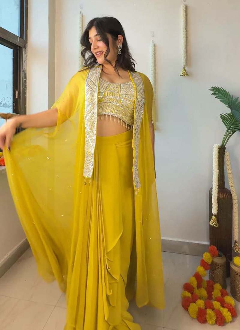 Prazu Fashion Yellow Georgette Embroidered Sequence Western Suit
