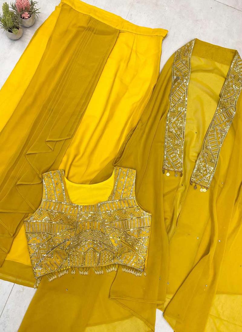 Prazu Fashion Yellow Georgette Embroidered Sequence Western Suit