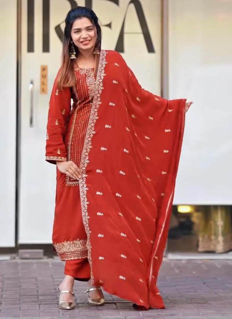 Prazu Fashion Orange Georgette Embroidered Salwar Suit